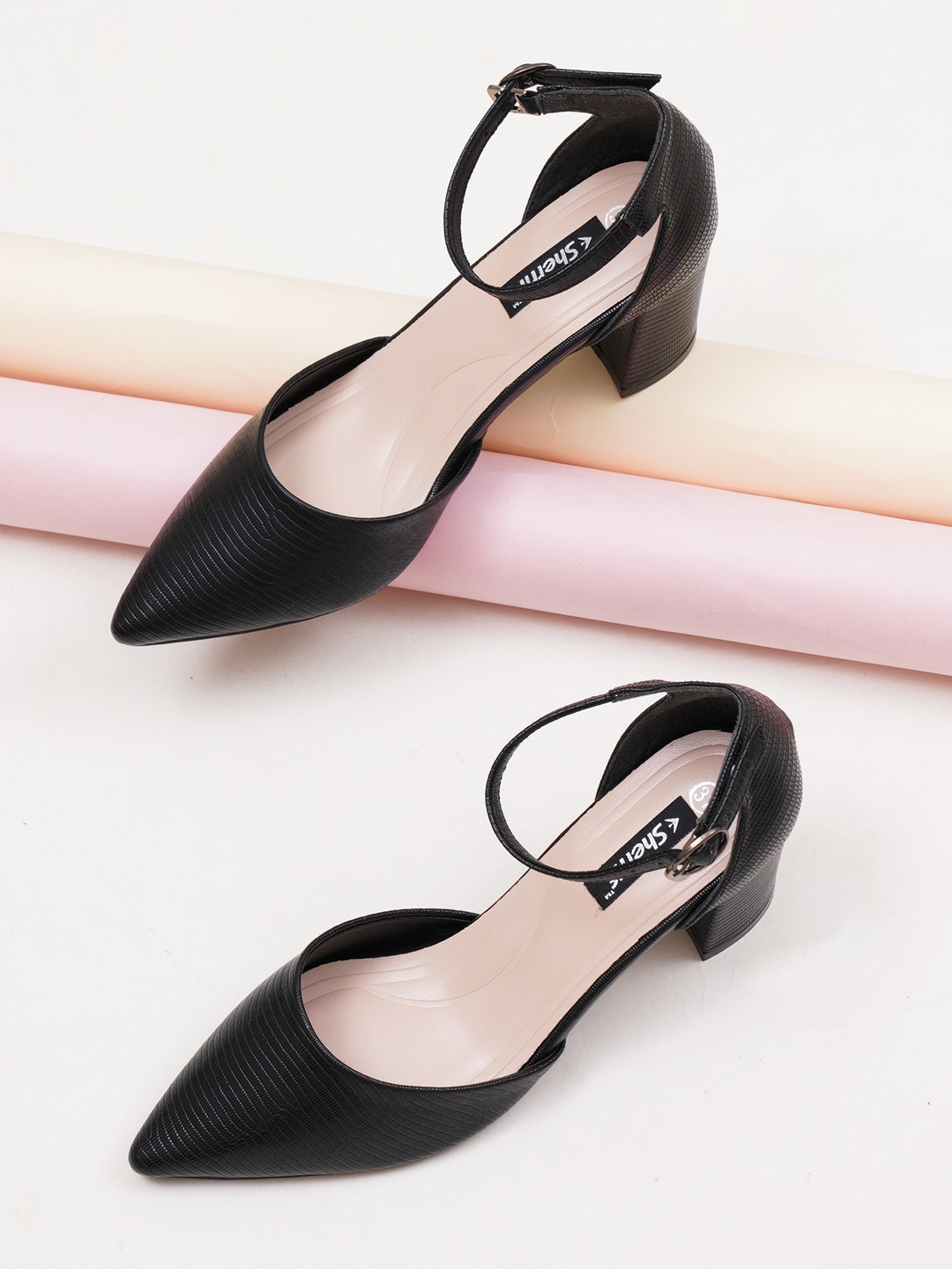 

Sherrif Shoes Textured Pointed Toe Block Pumps With Ankle Loop, Black