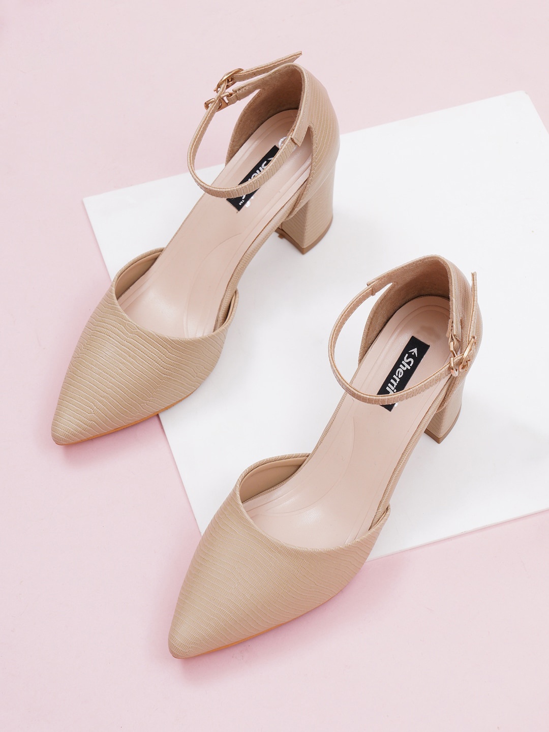 

Sherrif Shoes Textured Pointed Toe Block Pumps With Ankle Loop, Beige
