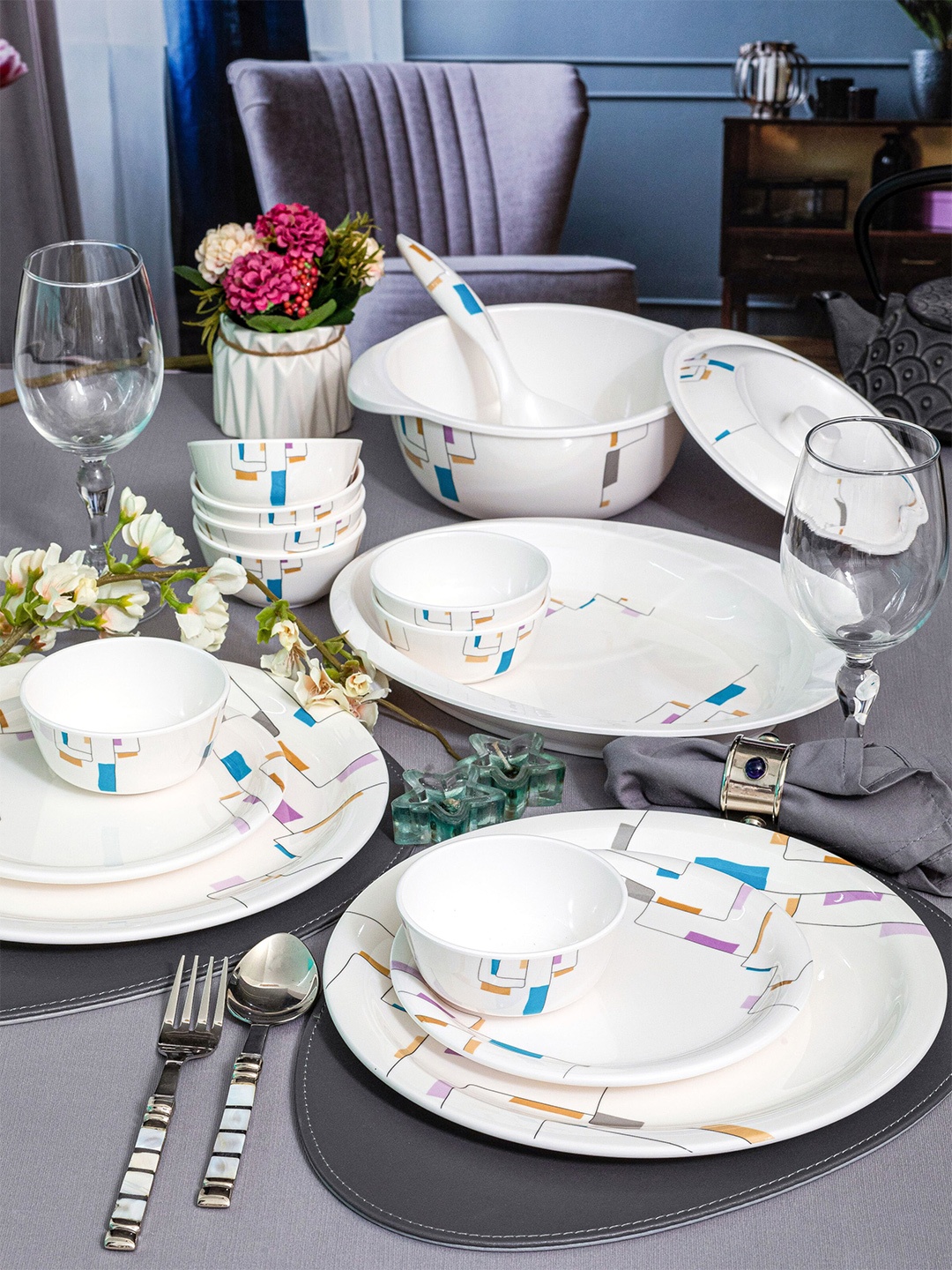 

Servewell Cityscape White 31 Pieces Floral Printed Melamine Glossy Dinner Set