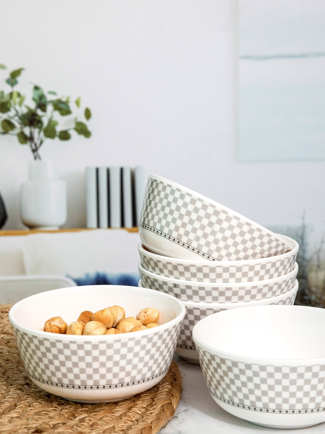 

Servewell White & Grey 6-Pieces Printed Melamine Glossy Bowls 240ml