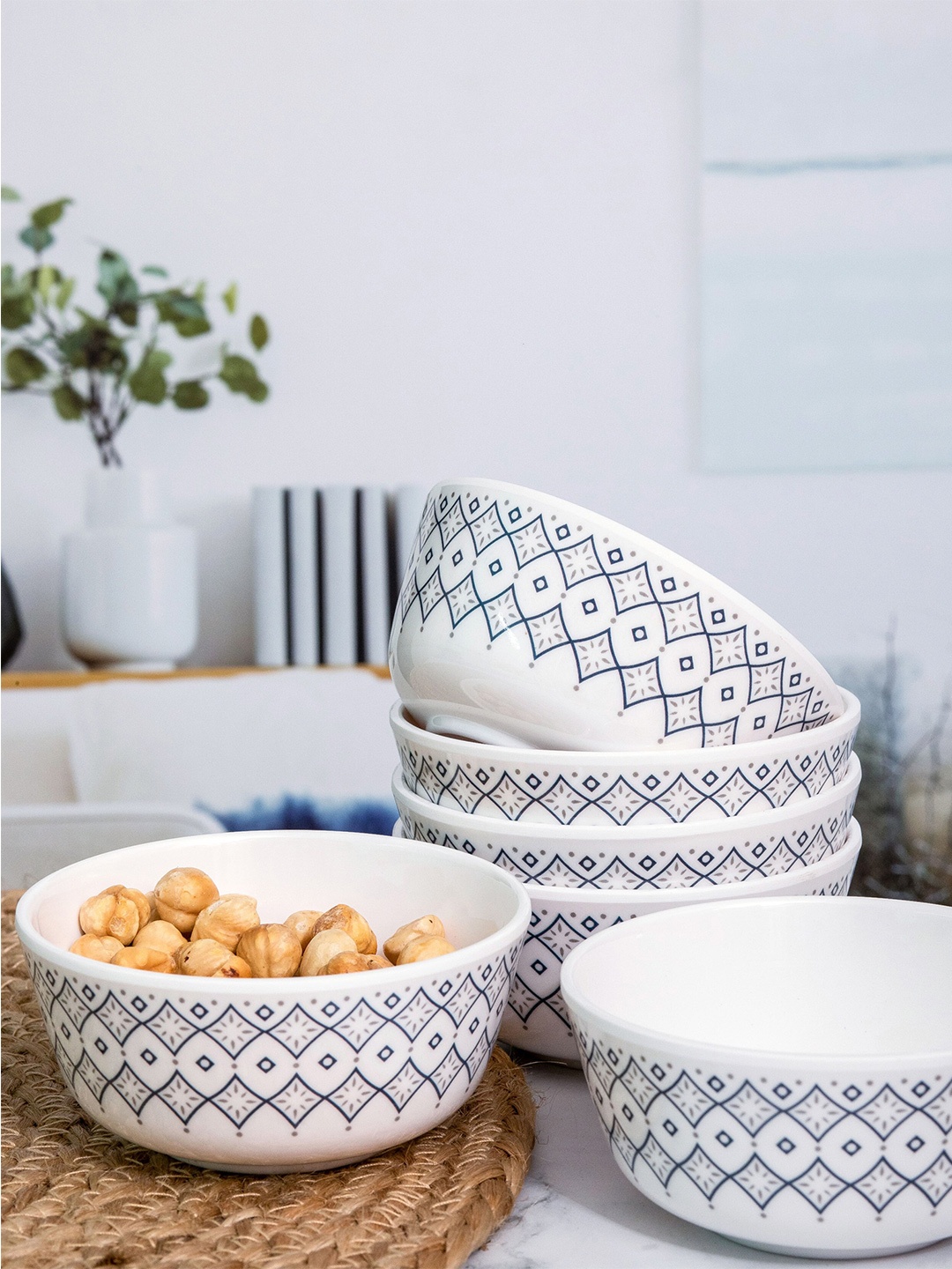 

Servewell White 6 Pieces Floral Printed Melamine Glossy Bowls
