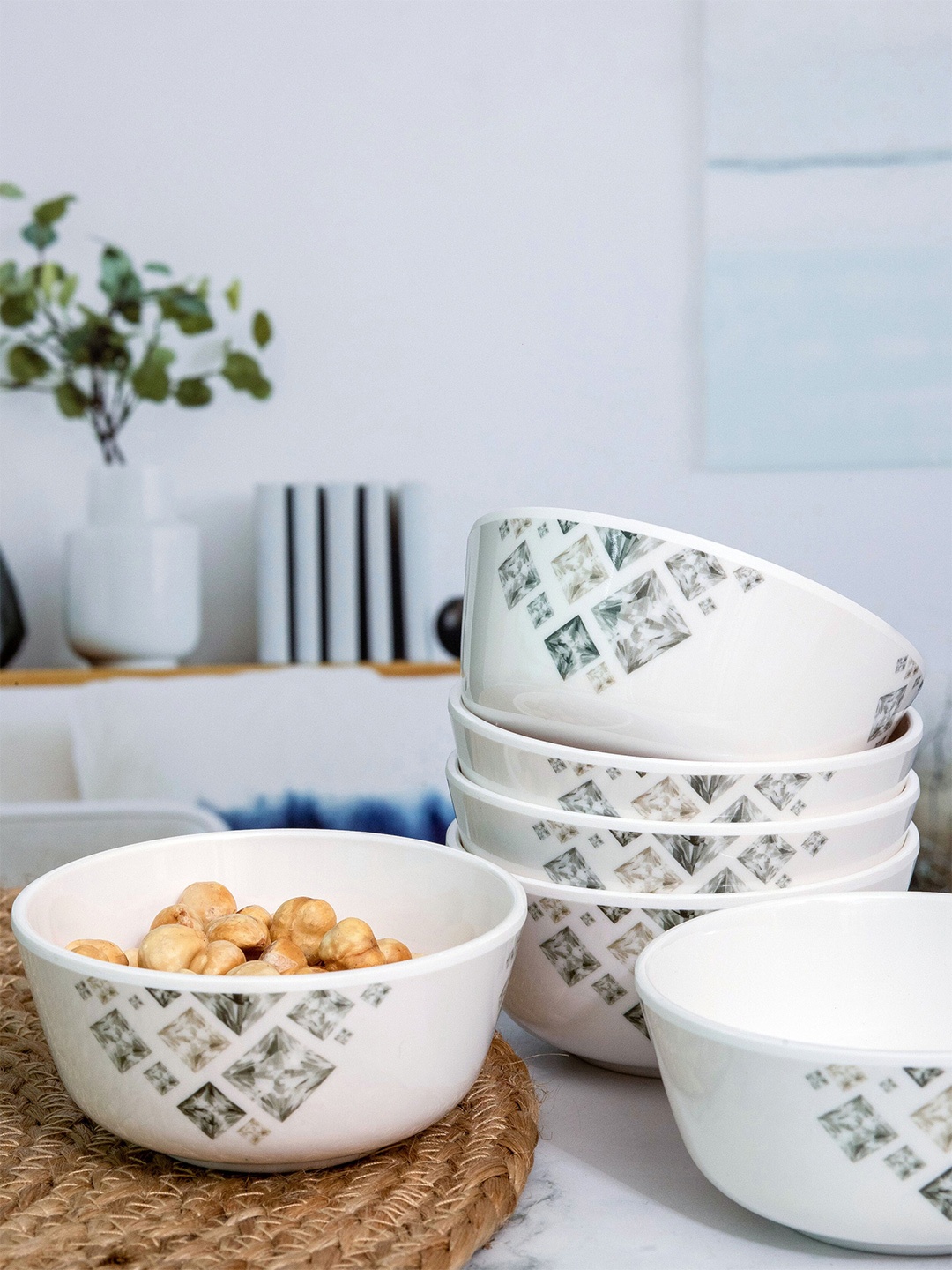 

Servewell White & 6 Pieces Floral Printed Melamine Glossy Bowls