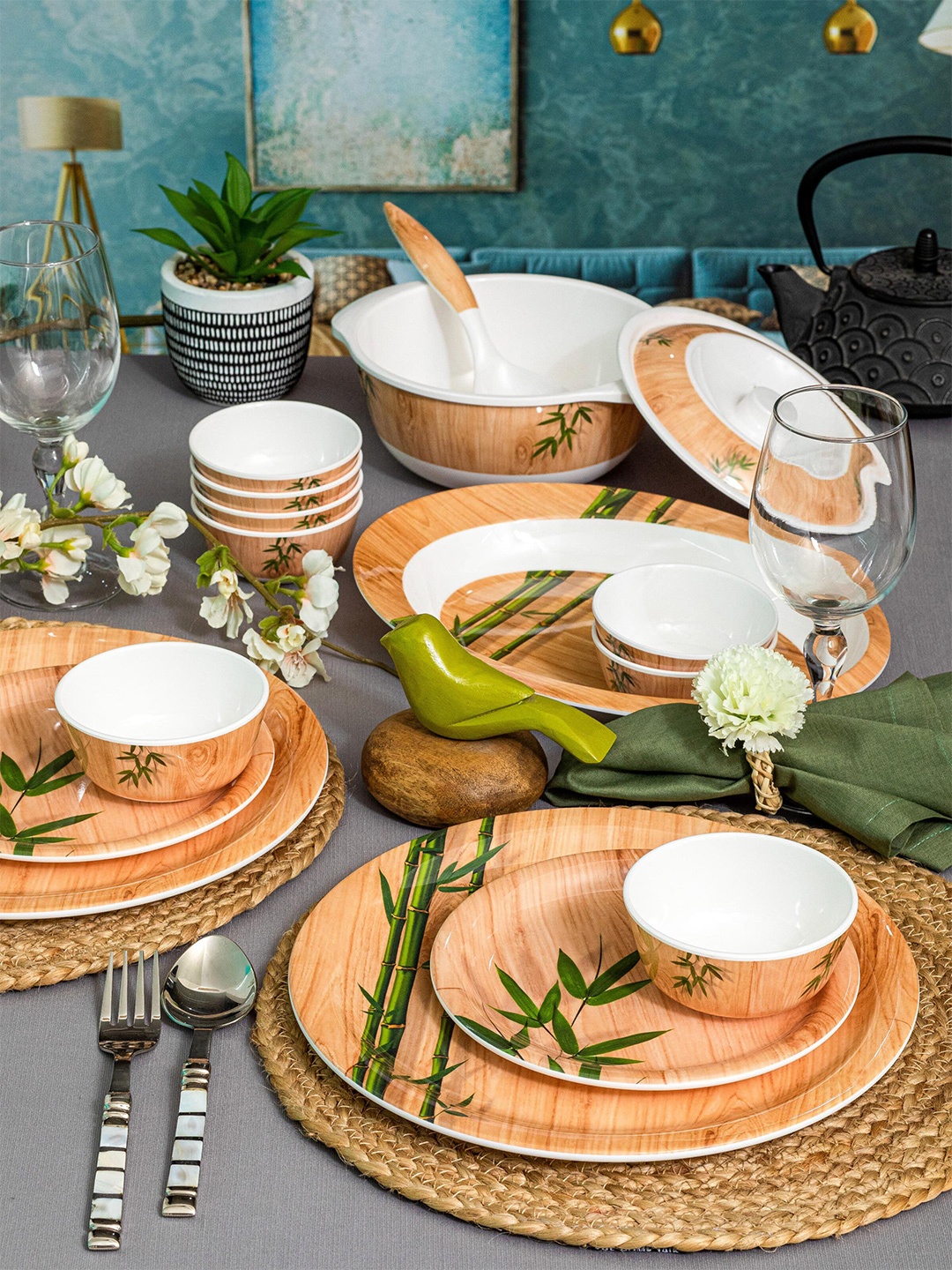 

Servewell Beige & White Pieces Printed Melamine Glossy Dinner Set