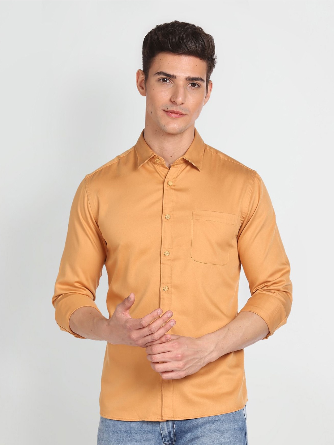 

Flying Machine Men Patch Pocket Solid Casual Shirt, Orange