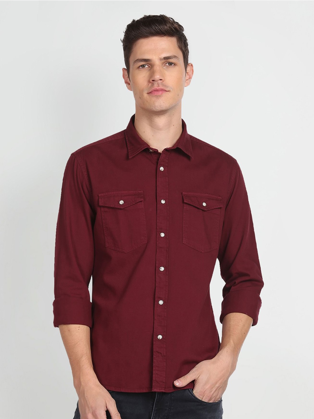 

Flying Machine Men Red Opaque Casual Shirt