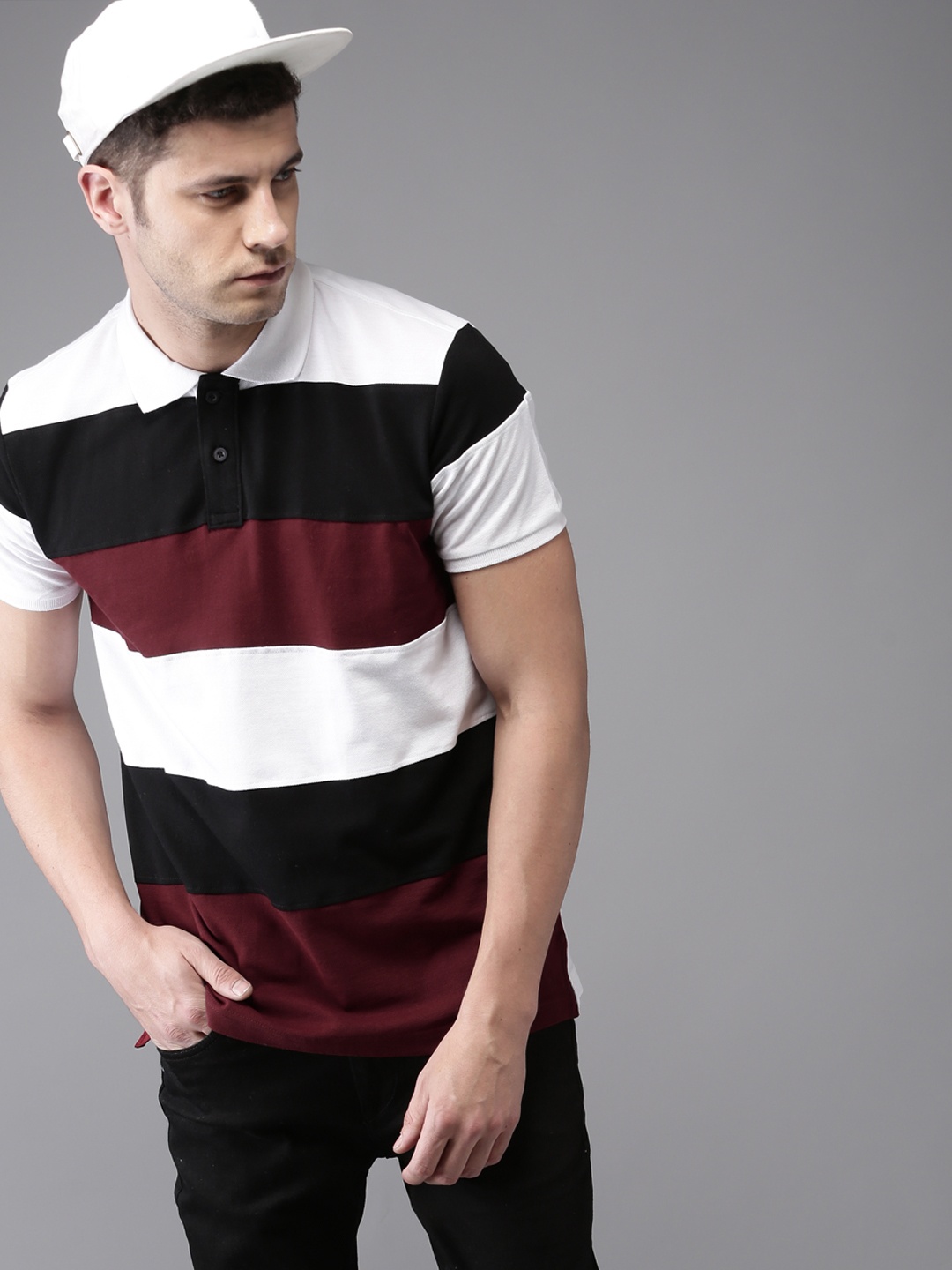 

Moda Rapido Men White & Maroon Colourblocked Polo Collar T-shirt