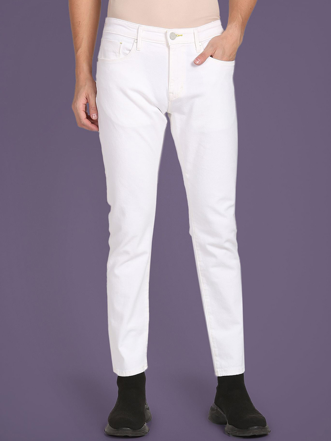 

Flying Machine Men Tapered Fit Low Distress Clean Look Stretchable Jeans, White