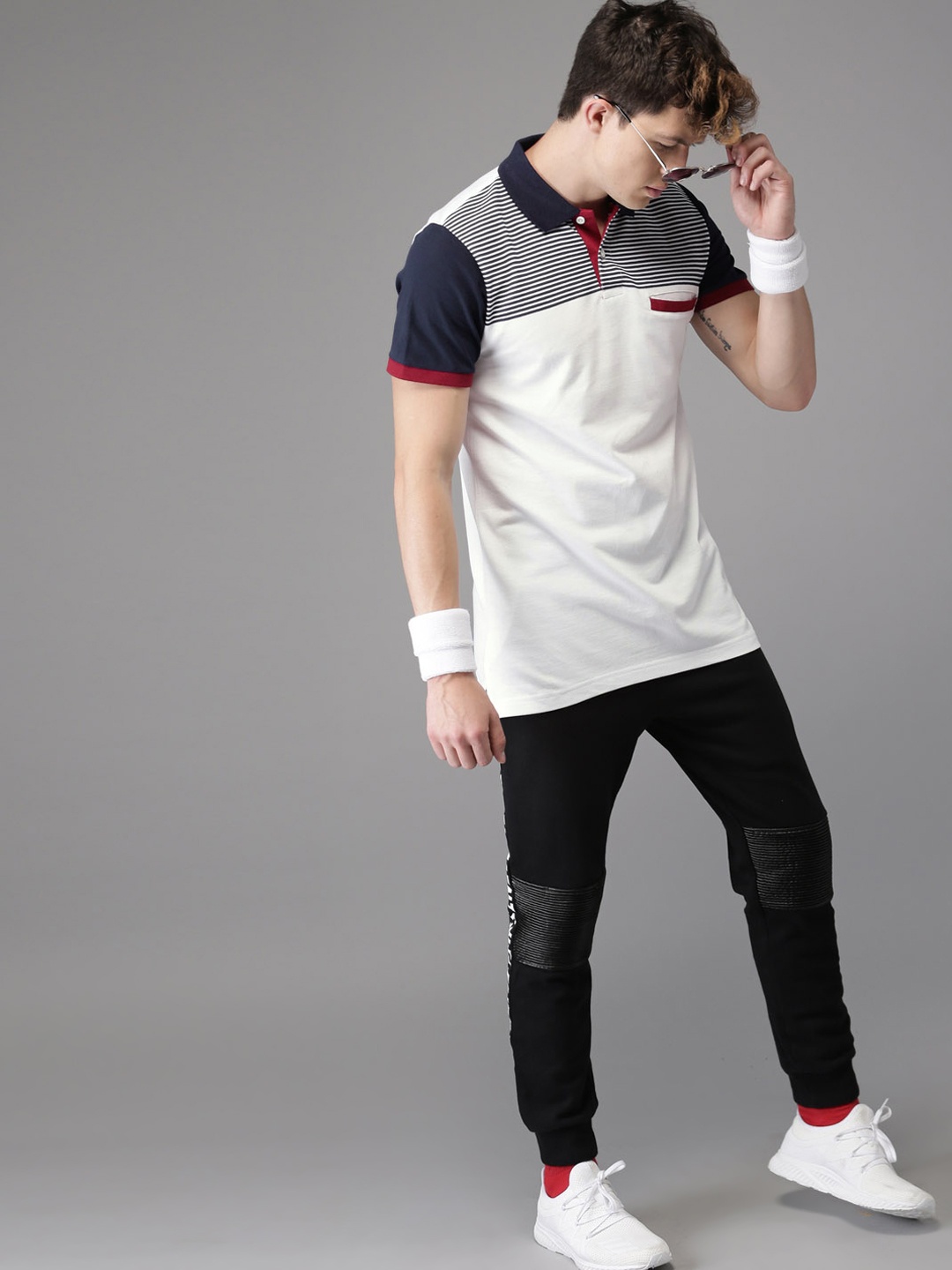

Moda Rapido Men White & Navy Blue Striped Polo Collar T-shirt