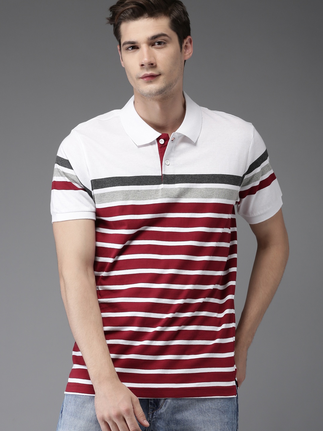 

Moda Rapido Men White Striped Polo Collar Pure Cotton T-shirt