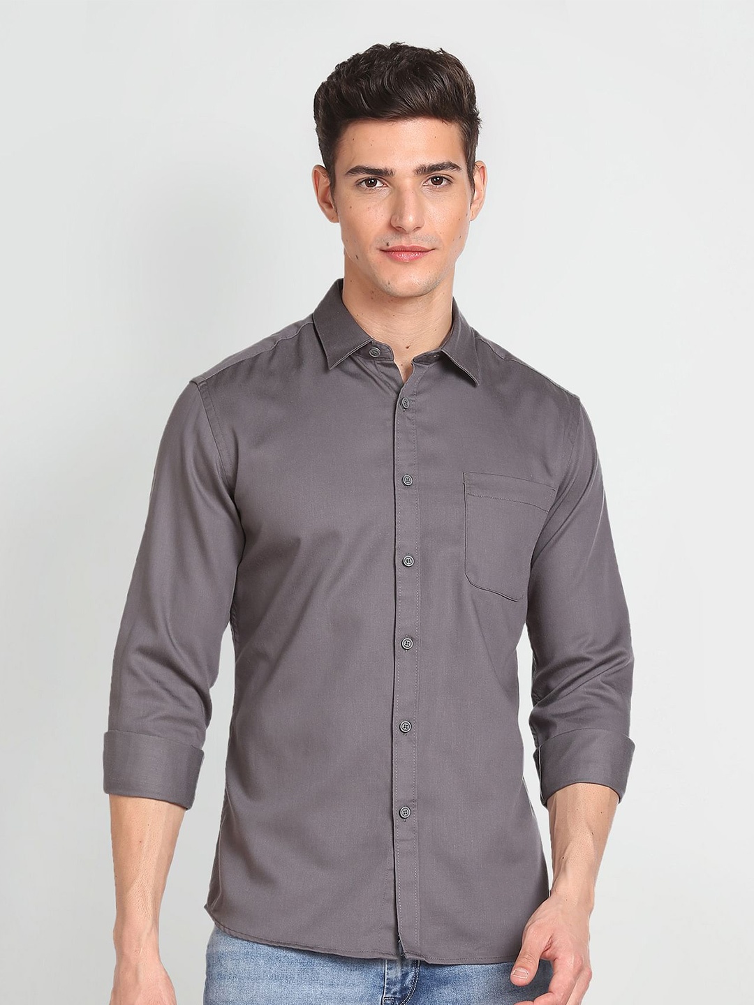 

Flying Machine Men Grey Opaque Casual Shirt