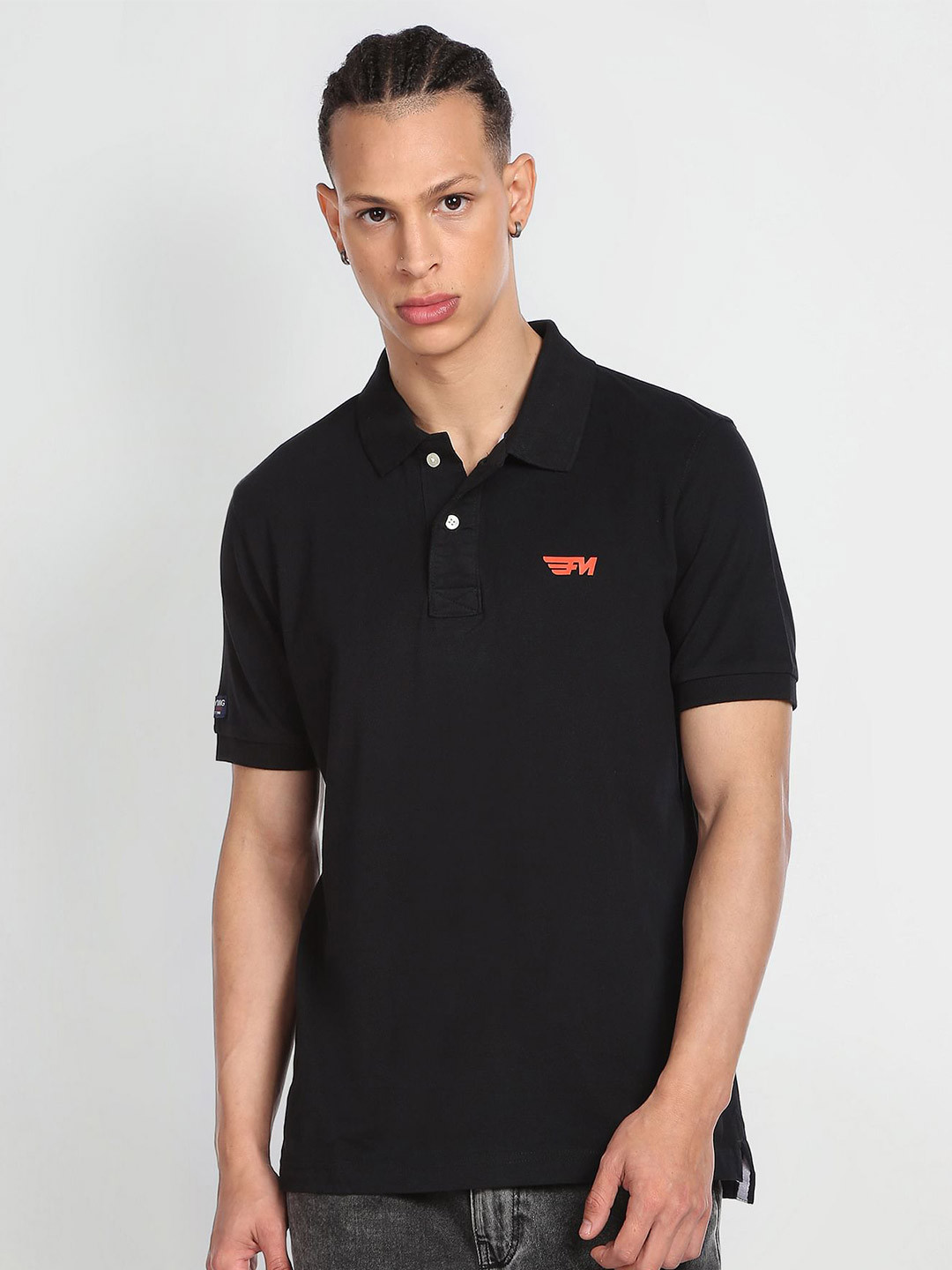 

Flying Machine Men Black Polo Collar Applique T-shirt