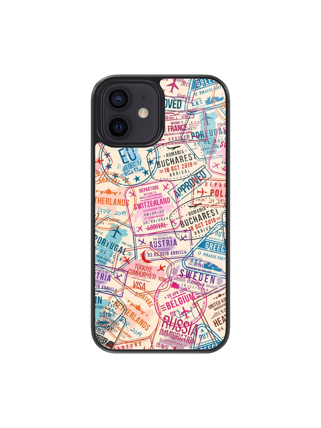 

macmerise iPhone 12 Printed Immigration Stamps Design Glass Back Case, Beige