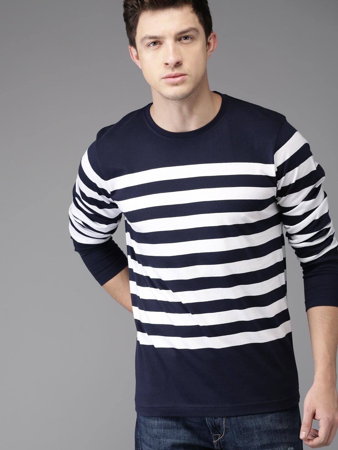 

Moda Rapido Men Navy Blue White Striped Cotton Pure Cotton T-shirt