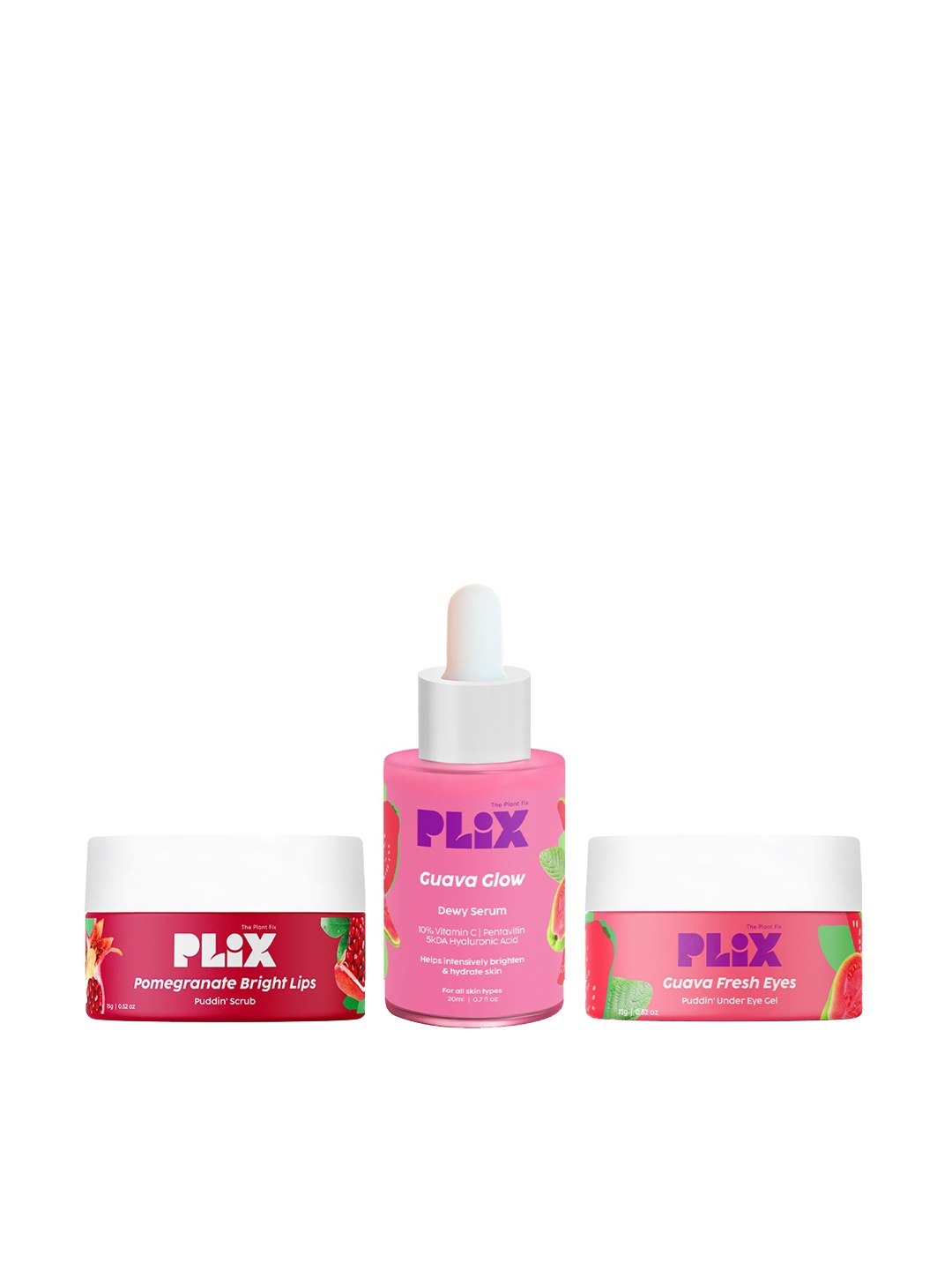 

PLIX THE PLANT FIX Guava Glow Serum 20ml + Under Eye Gel 15g + Pomegranate Lip Scrub 15g, Pink