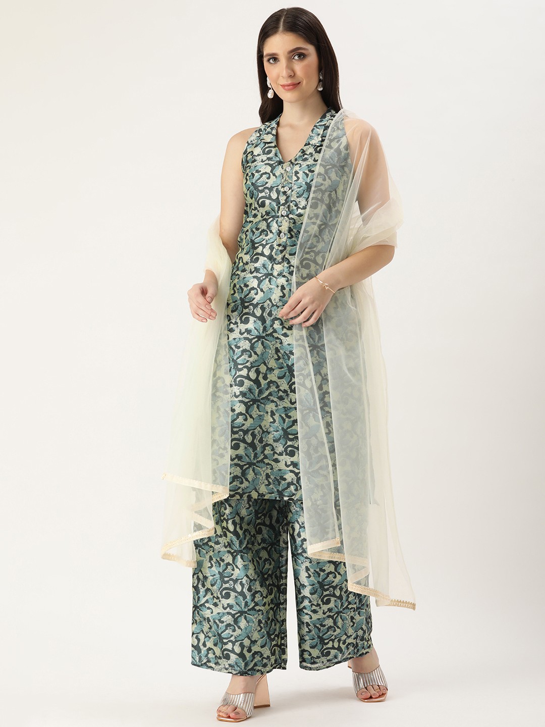 

Ethnovog Women Teal Floral Printed Regular Kurta with Palazzos & Dupatta