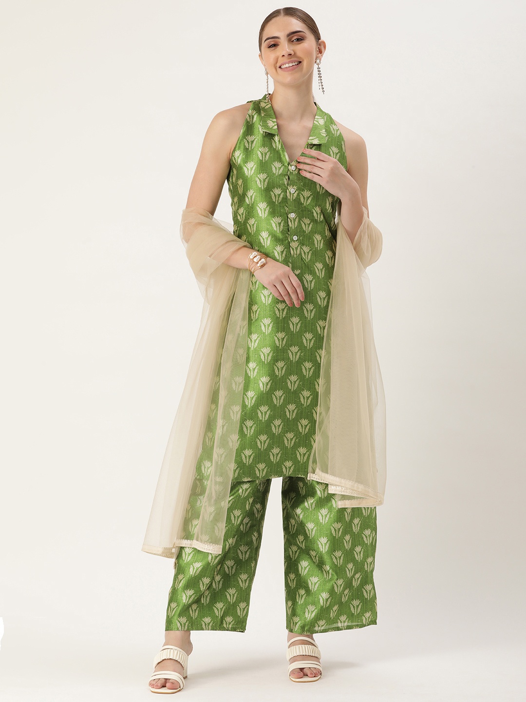 

Ethnovog Floral Printed Regular Kurta with Palazzos & Dupatta, Green