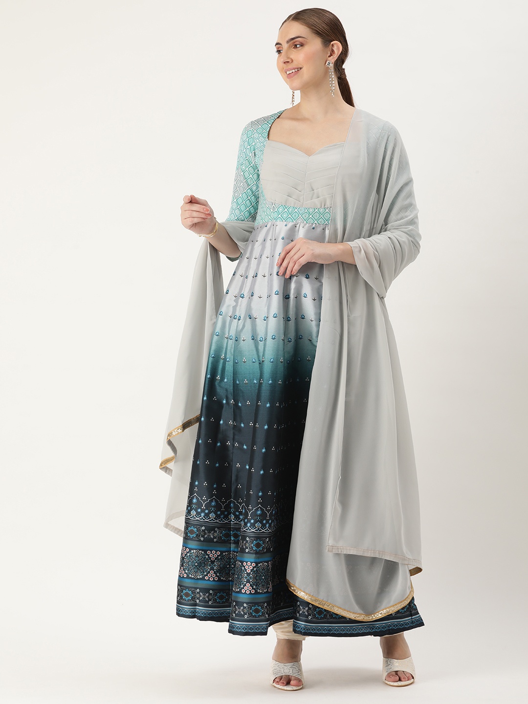 

Ethnovog Ethnic Motifs Embroidered Pleated Sequinned Kurta with Churidar & Dupatta, Blue