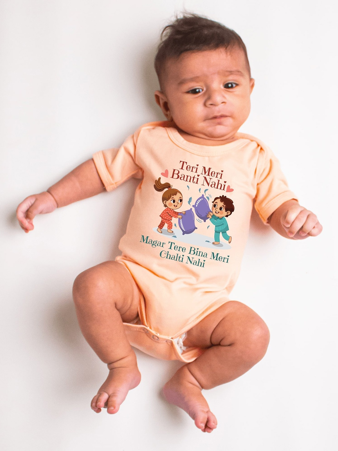 

KNITROOT Infants Teri Meri Banti Nai Printed Cotton Bodysuit, Peach