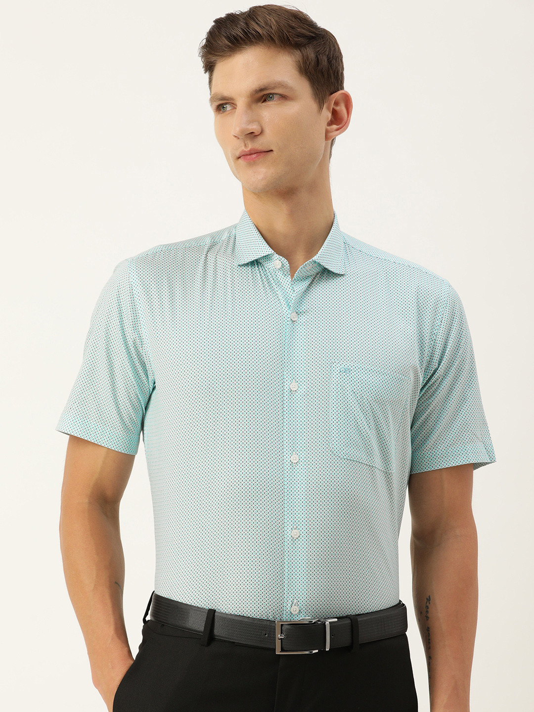 

Peter England Men Slim Fit Opaque Printed Pure Cotton Formal Shirt, Turquoise blue