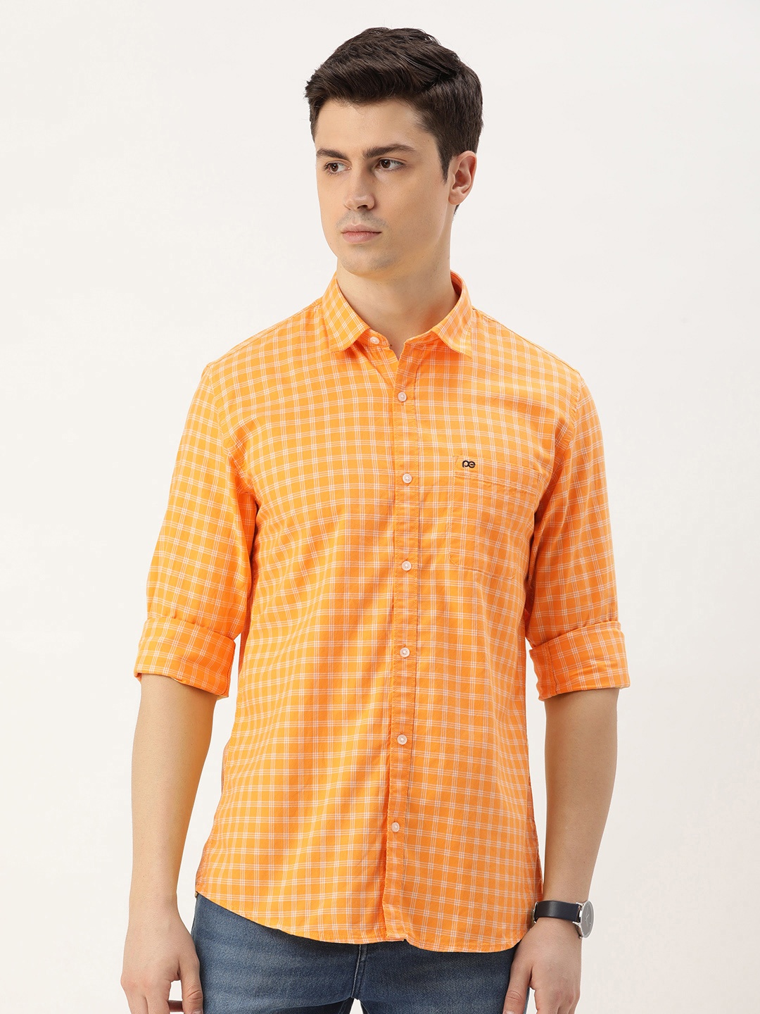 

Peter England Men Slim Fit Opaque Checked Casual Shirt, Gold