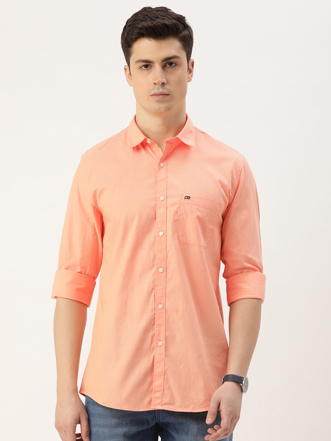 

Peter England Men Slim Fit Opaque Pure Cotton Casual Shirt, Orange