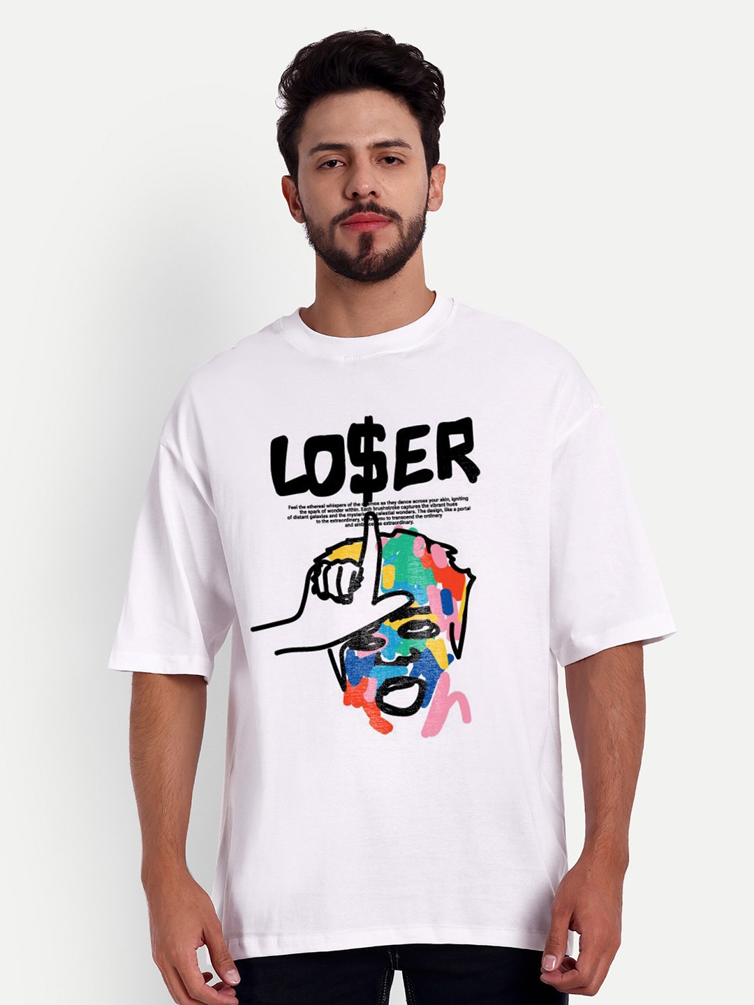 

Bloopers Store Men White Typography Printed Applique Loose T-shirt