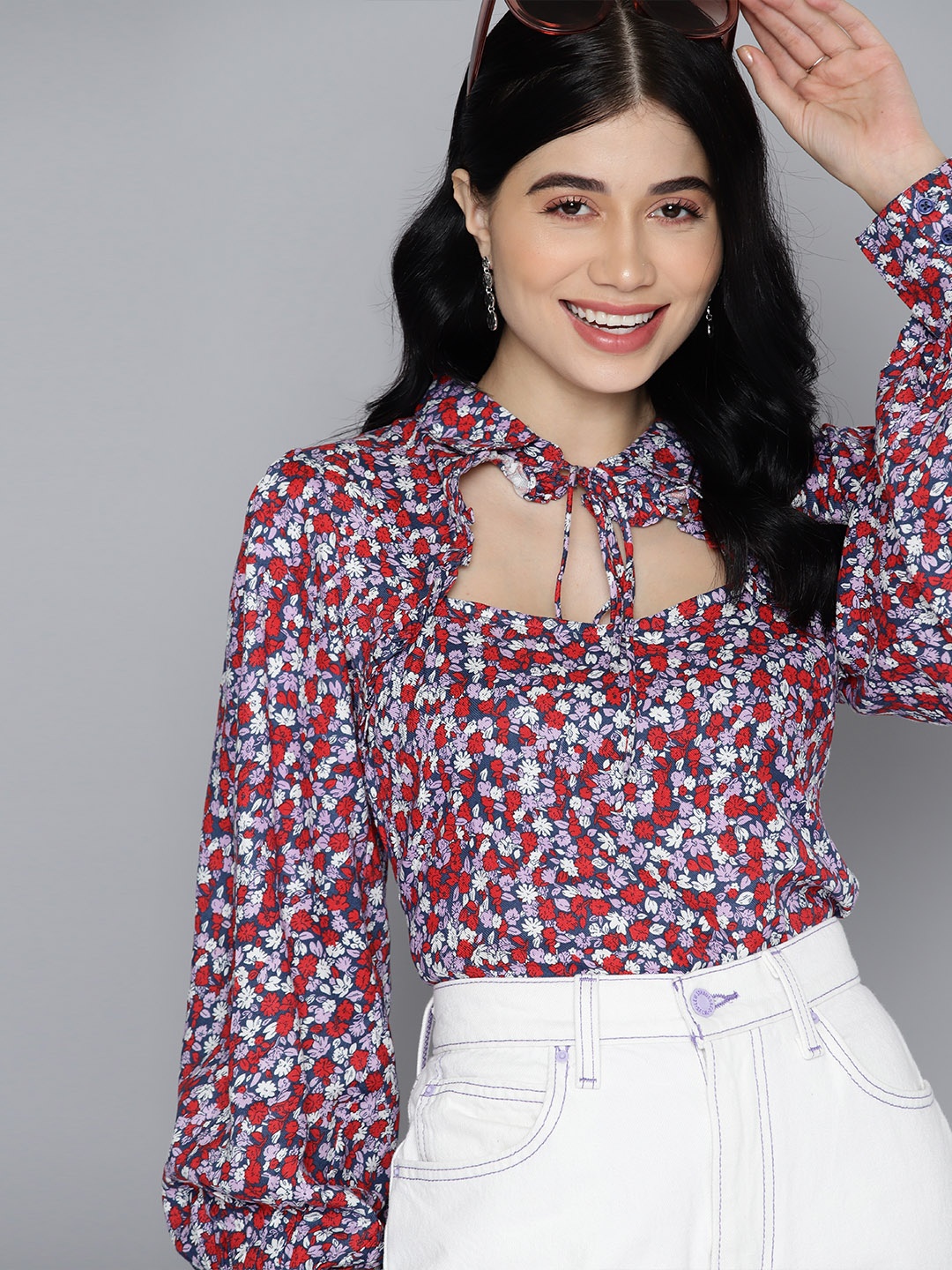 

Mast & Harbour Floral Print Tie-Up Neck Puff Sleeves Ruffles Top, Multi
