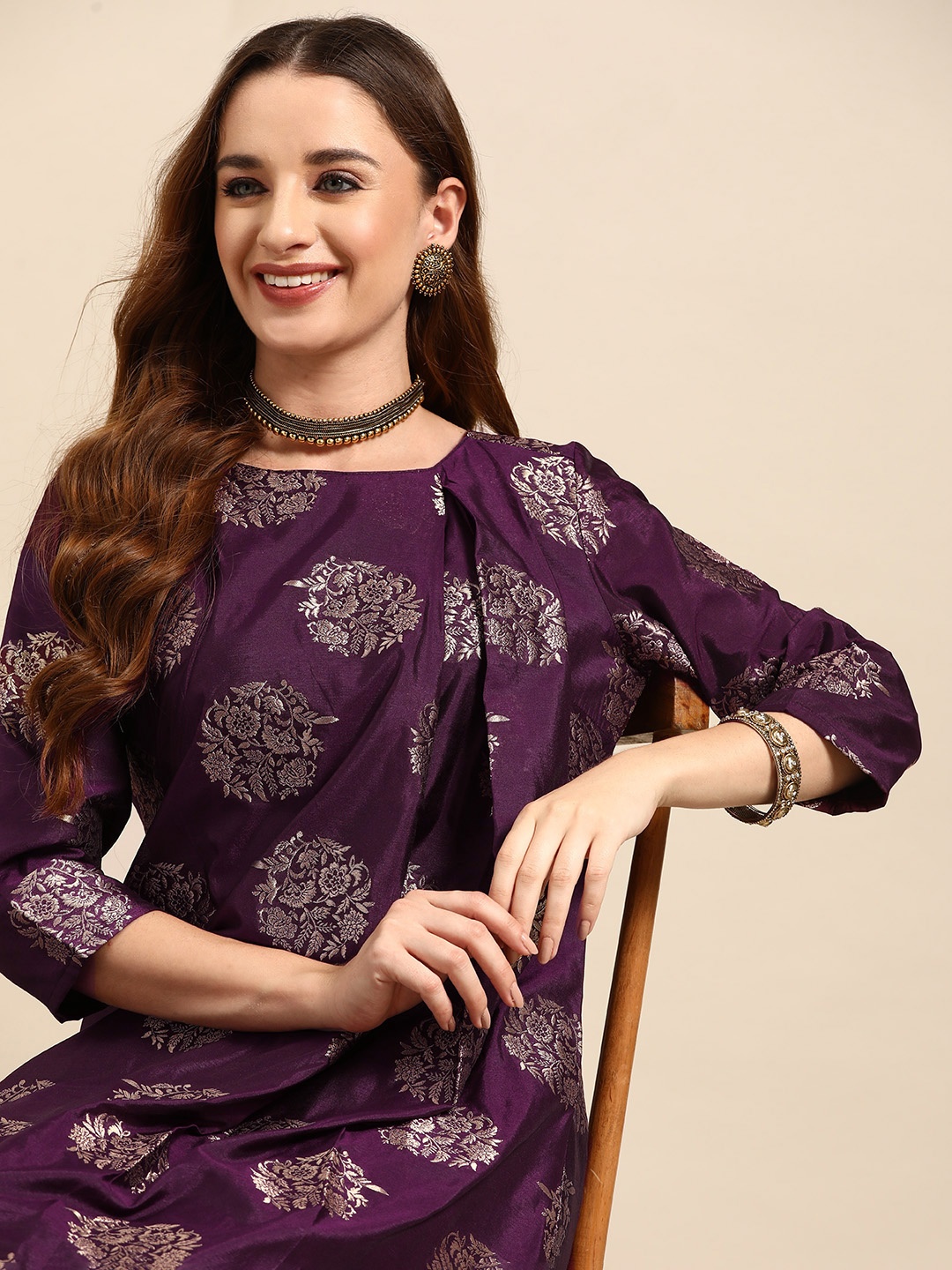 

Sangria Ethnic Motifs Brocade Zari Work Kurta Set, Purple