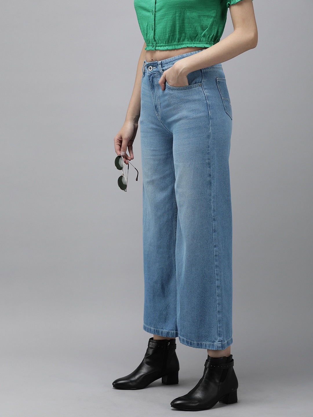 

Roadster Women Wide Leg High-Rise Cotton Jeans, Blue