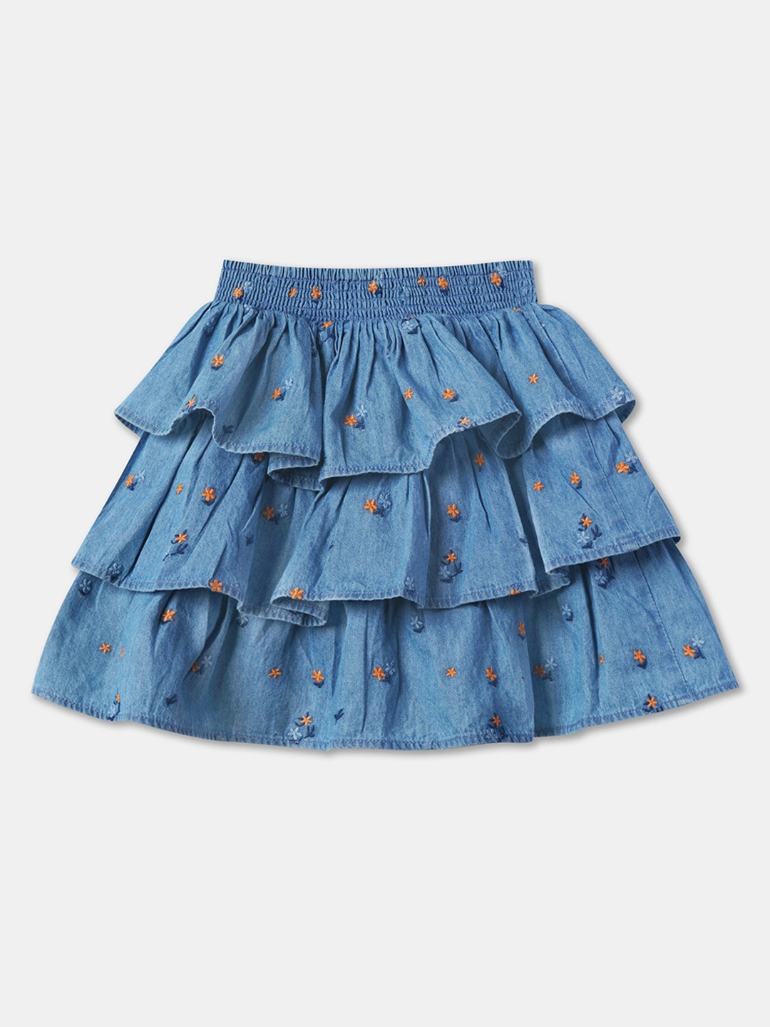 

R&B Girls Floral Embroidered Denim Layered Flared Skirt, Blue