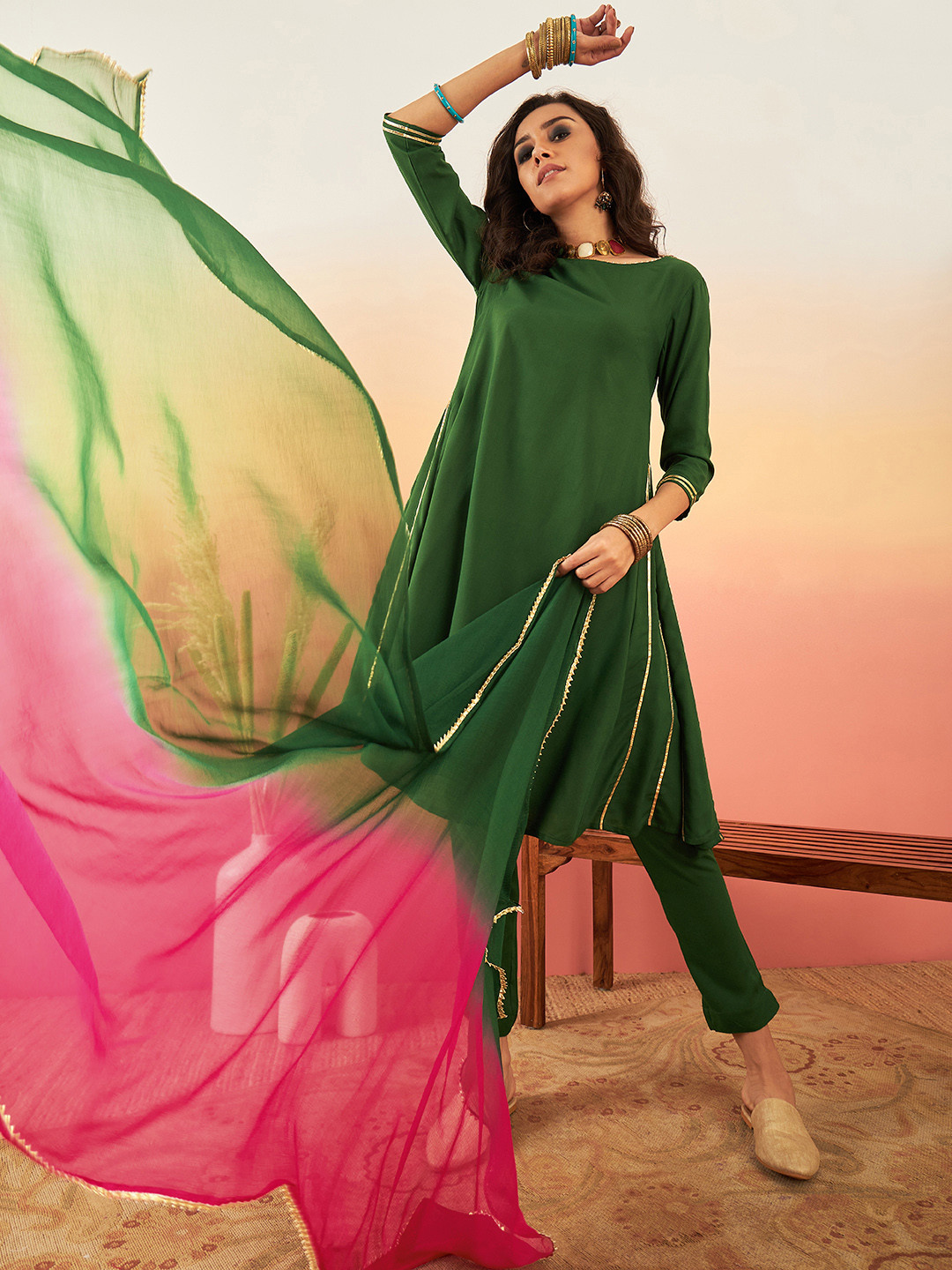 

Sangria Panelled Gotta Patti Kurta with Trousers & Dupatta, Green