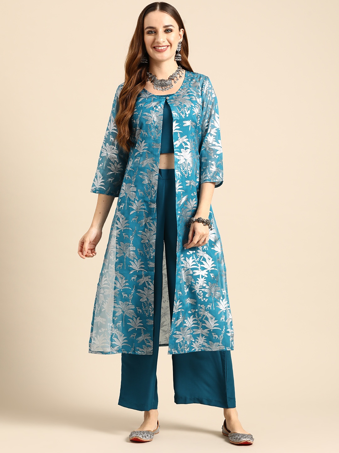 

Sangria Floral Print Ethnic Co-Ord Set, Turquoise blue