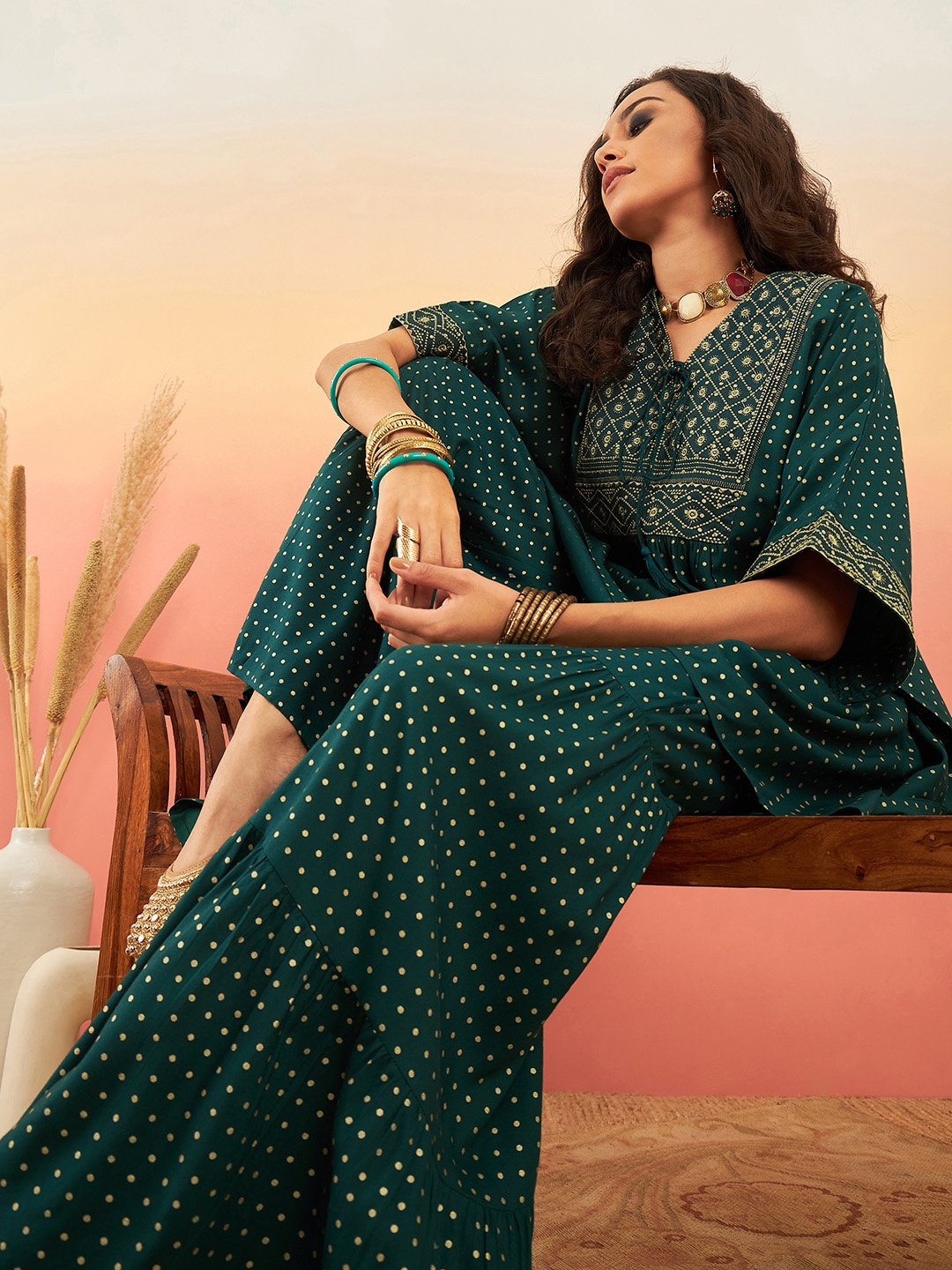 

Sangria Printed Thread Work Kurta with Sharara, Green