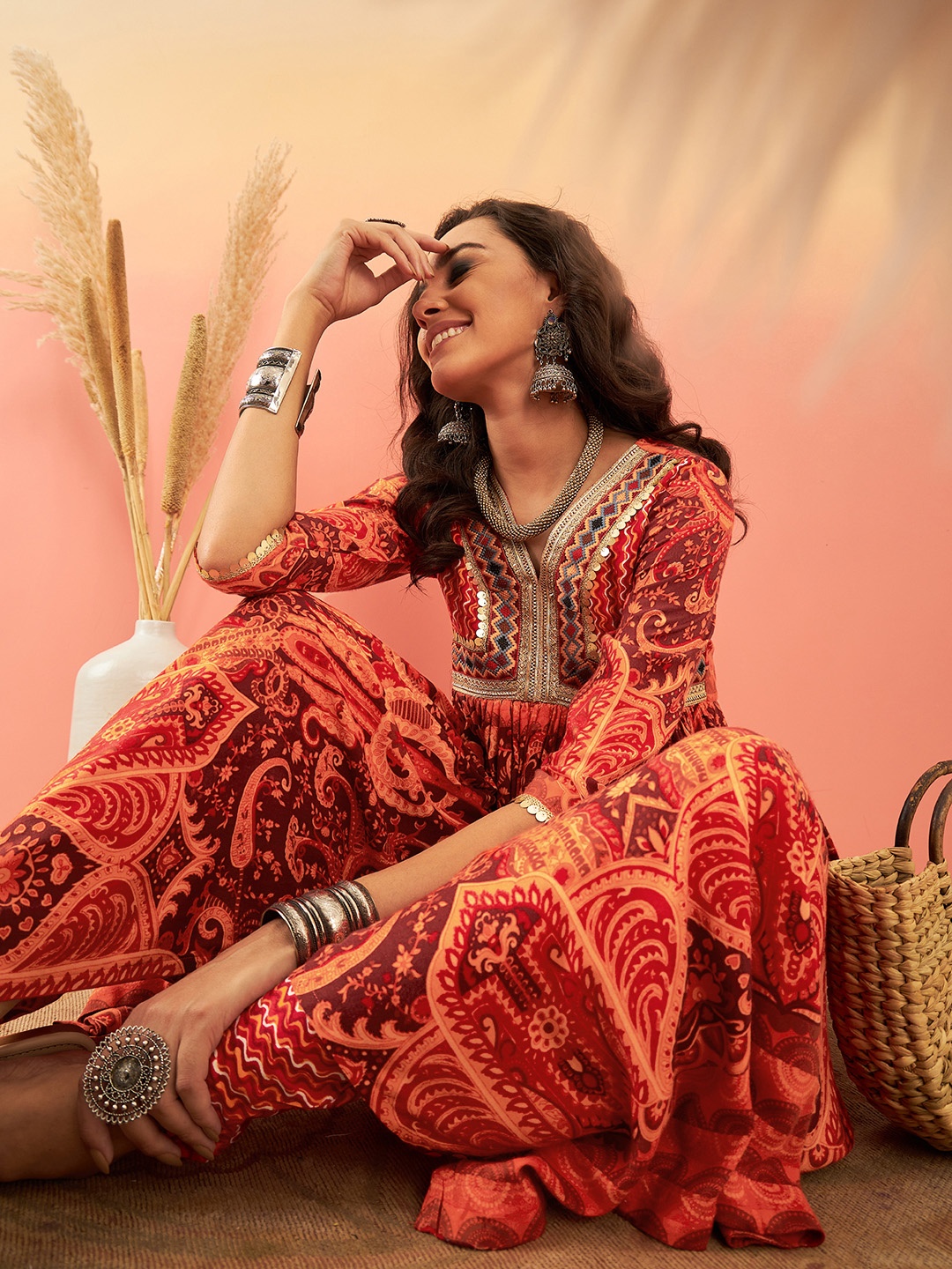 

Sangria Ethnic Motifs Printed High Slit Gotta Patti A-Line Kurta with Dhoti Pants, Orange