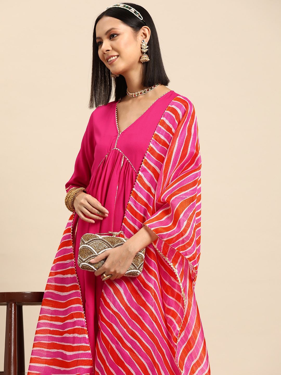 

Sangria Empire Gotta Patti Kurta with Trousers & Dupatta, Pink