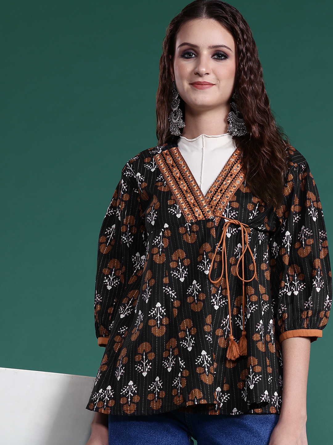 

Sangria Ethnic Print Pure Cotton Angrakha Style Top, Black