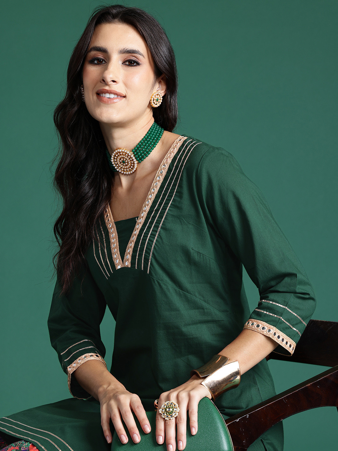 

Sangria Floral Print Gotta-Patti Detailed Pure Cotton Kurta and Sharara Set, Green