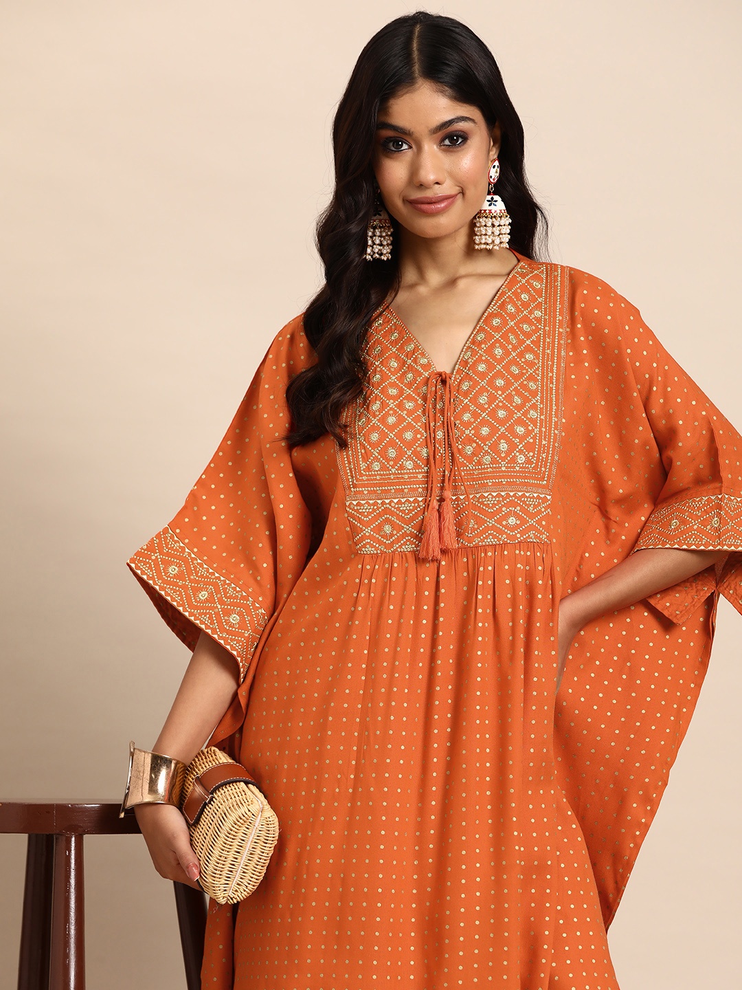 

Sangria Printed Pleated Thread Work Kurta with Palazzos, Orange