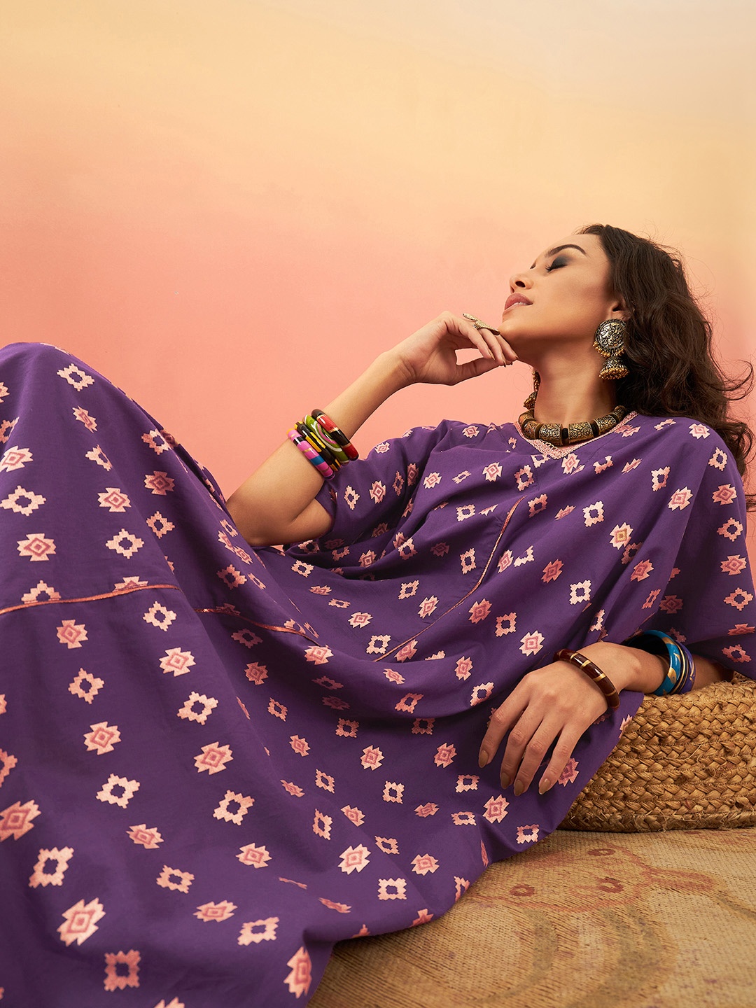 

Sangria Ethnic Foil Printed Extended Sleeves Gotta Patti Detail Pure Cotton Kaftan Kurta, Purple