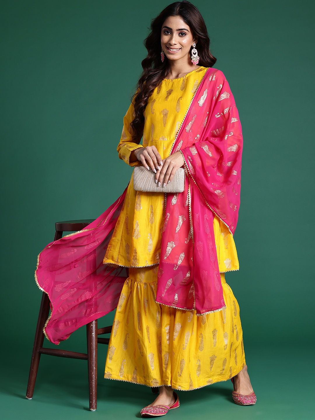

Sangria Gotta-Patti Detailed Foil Printed Kurta with Sharara & Dupatta, Yellow