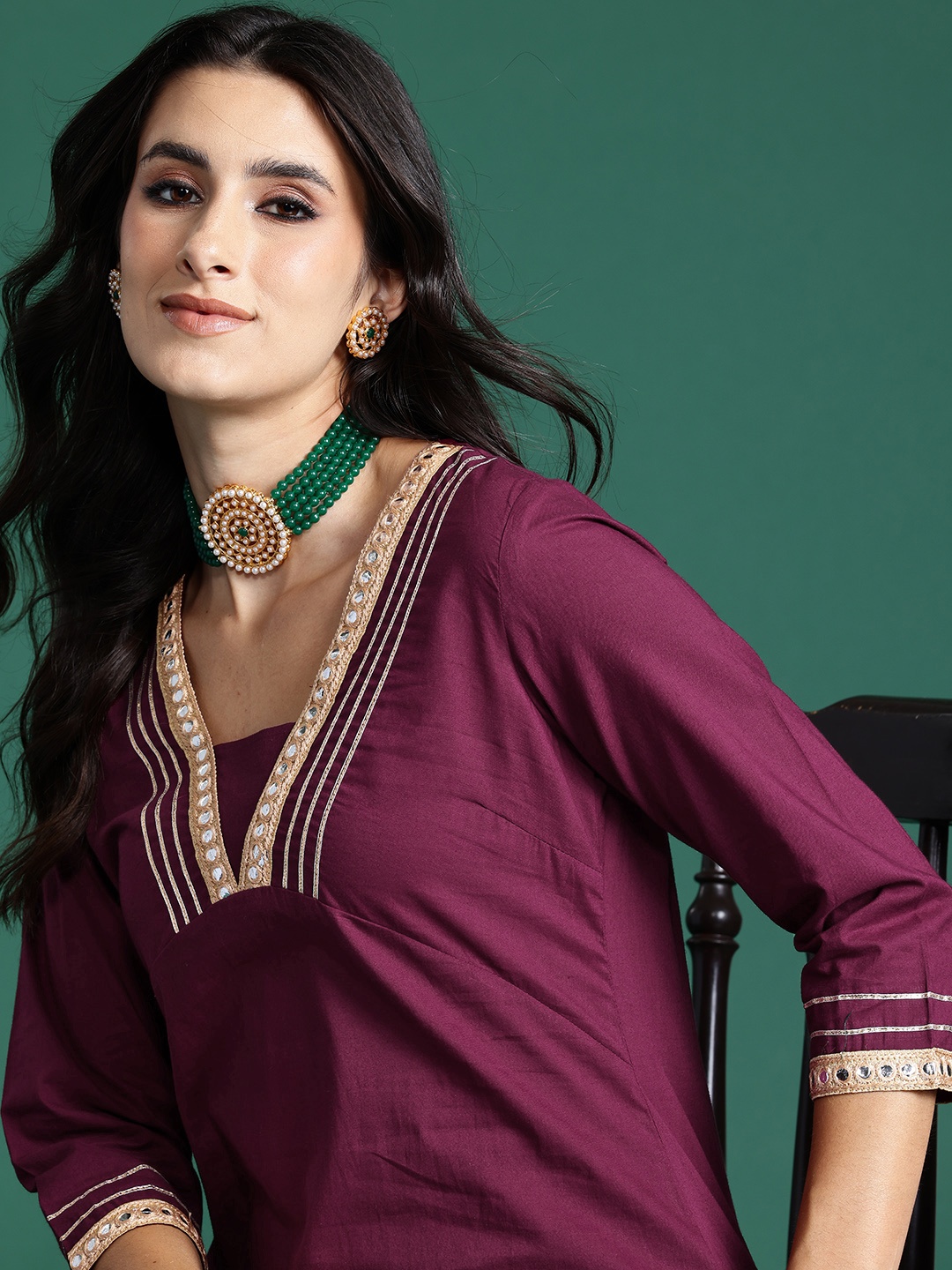 

Sangria Floral Print Gotta-Patti Detailed Pure Cotton Kurta and Sharara Set, Burgundy