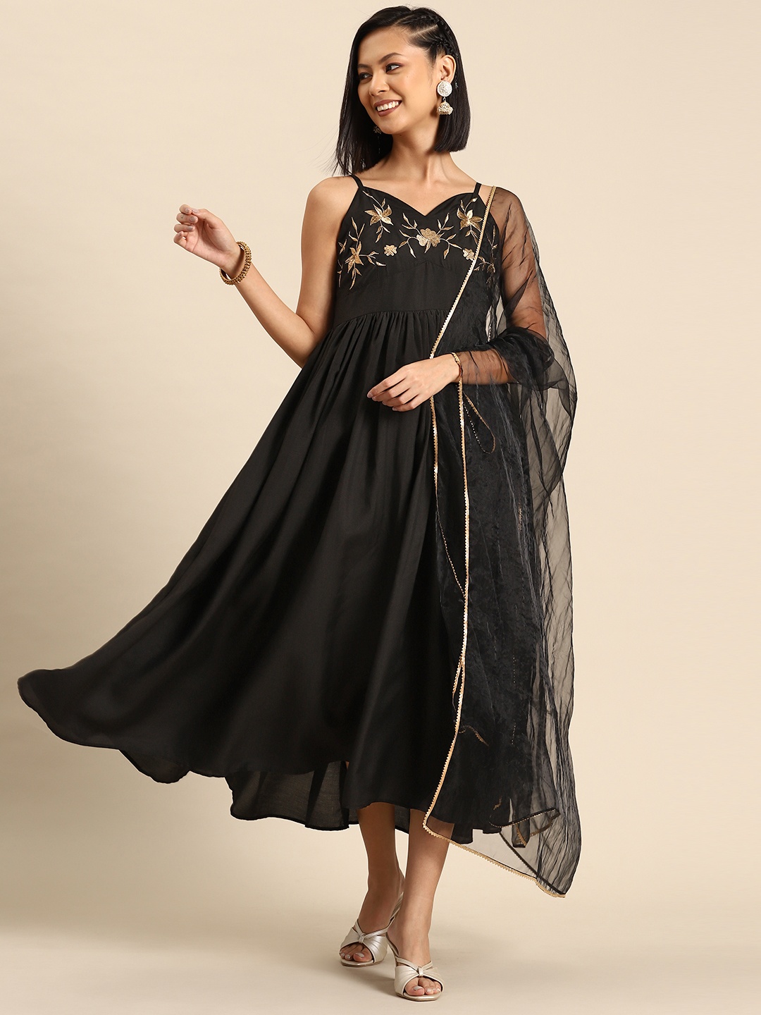 

Sangria Embroidered Detail Ethnic Maxi Dress with Dupatta, Black