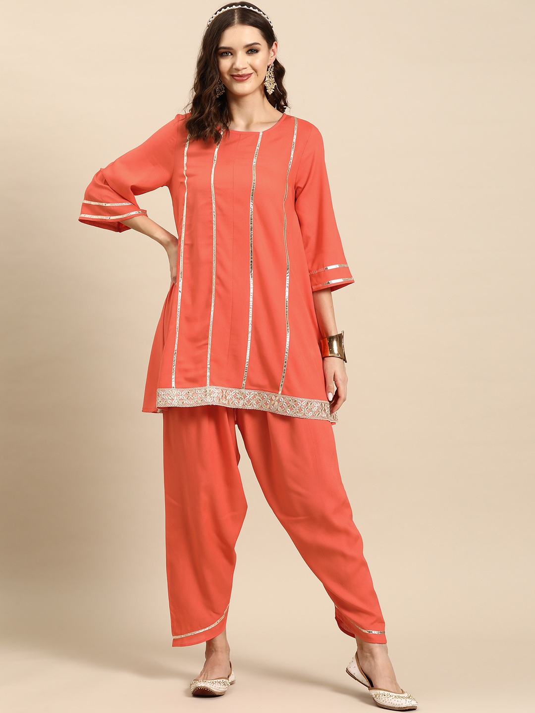 

Sangria Gotta Patti Detail Kurta with Trousers, Coral