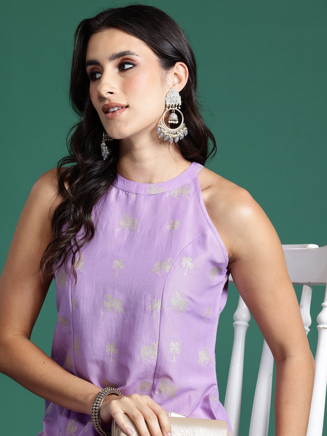 

Sangria Ethnic Motifs Print Kurta with Trousers, Lavender