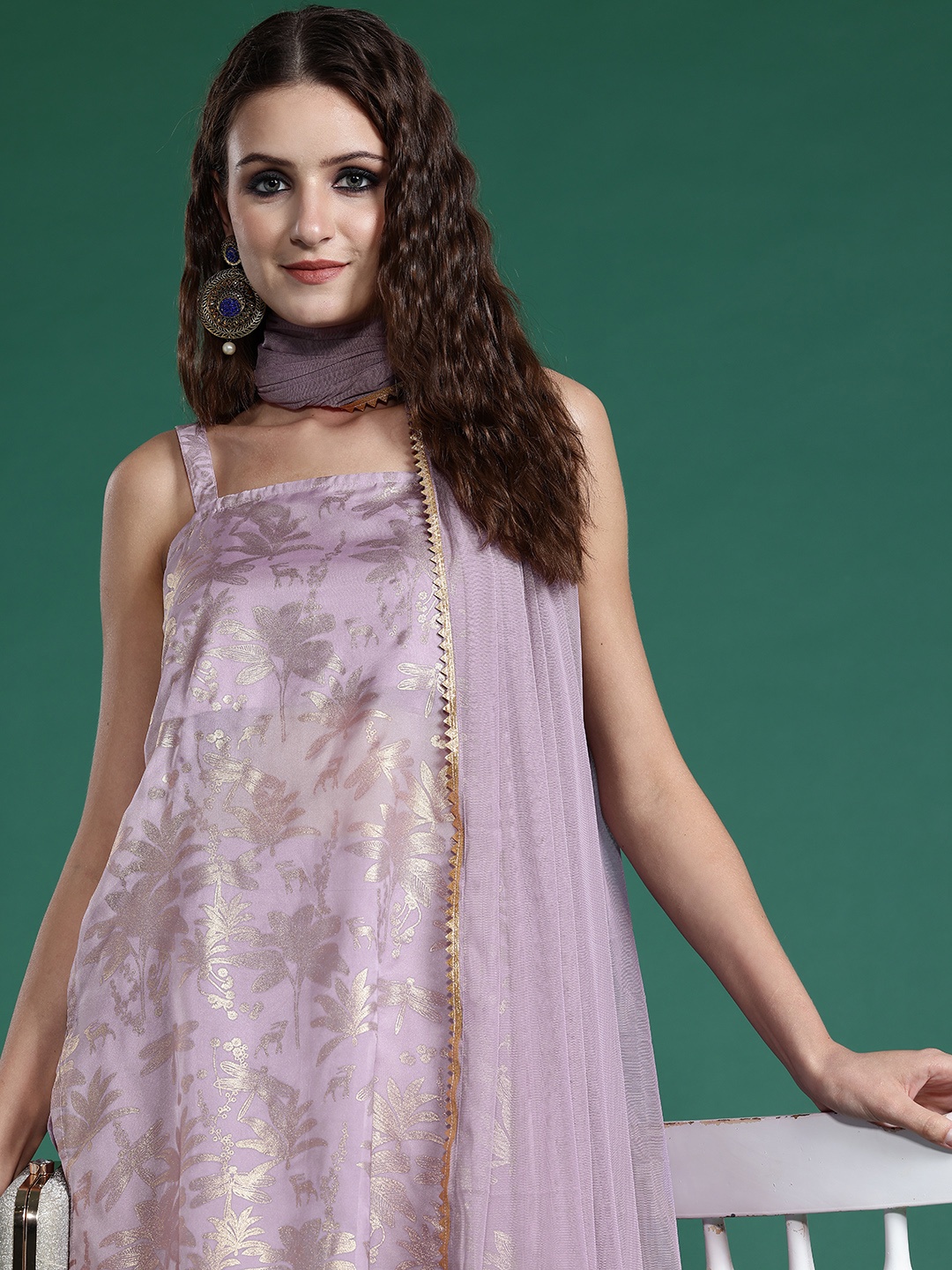 

Sangria Women Ethnic Motifs Printed Gotta Patti Kurta with Sharara & Dupatta, Lavender