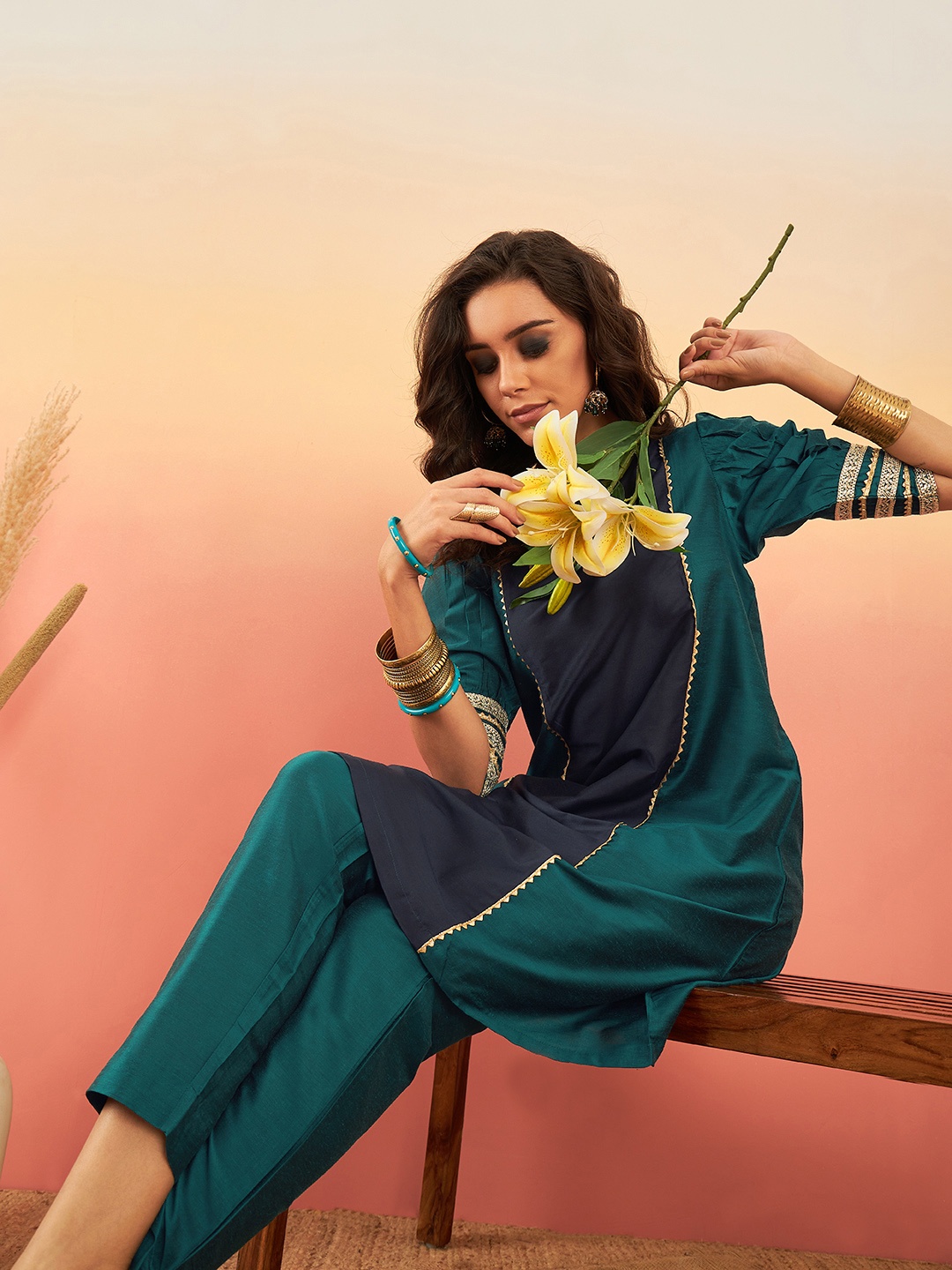 

Sangria Women Navy Blue Colourblocked Regular Gotta Patti Kurta with Trousers