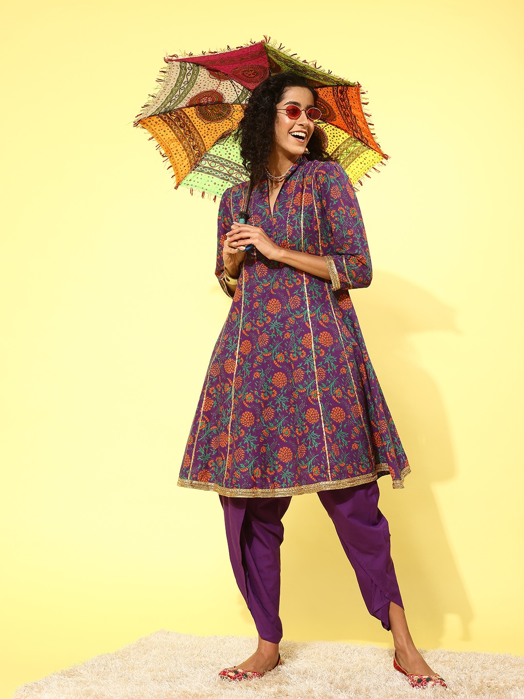 

Sangria Printed Panelled Gotta Patti Pure Cotton Kurta Set, Purple