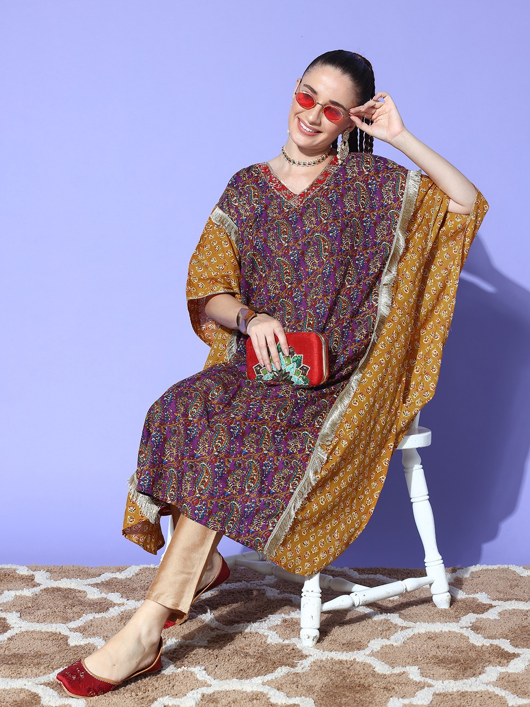 

Sangria Ethnic Motifs Printed Gotta Patti & Fringed Detail Cotton Kaftan Kurta, Purple