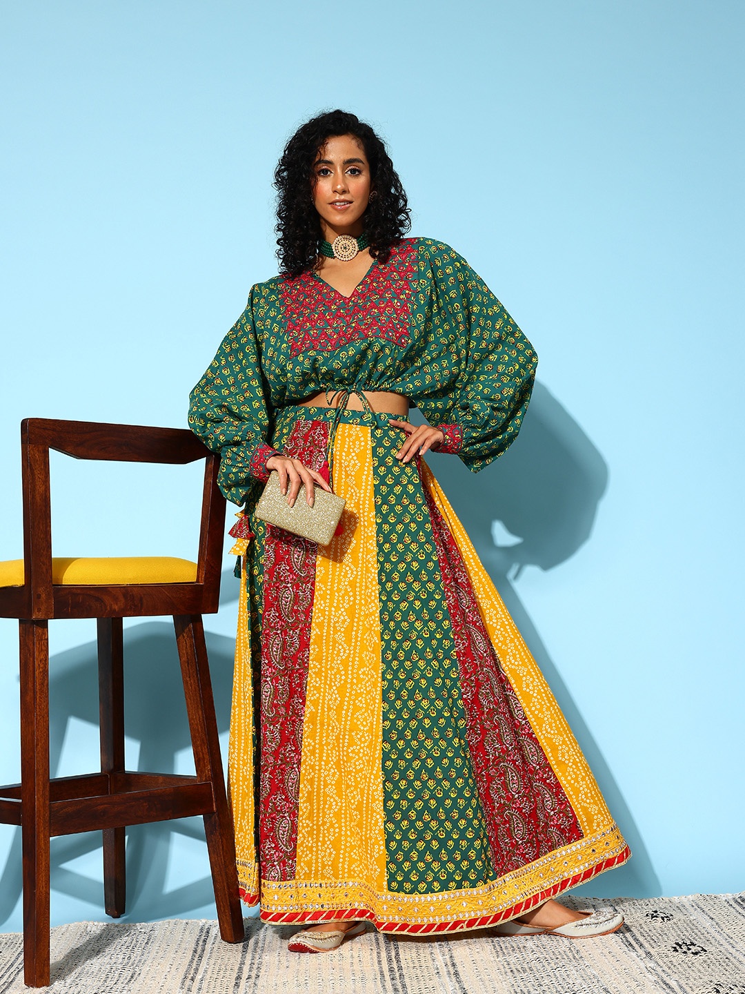 

Sangria Bandhani Print Cotton Ready to Wear Fusion Lehenga Set, Green