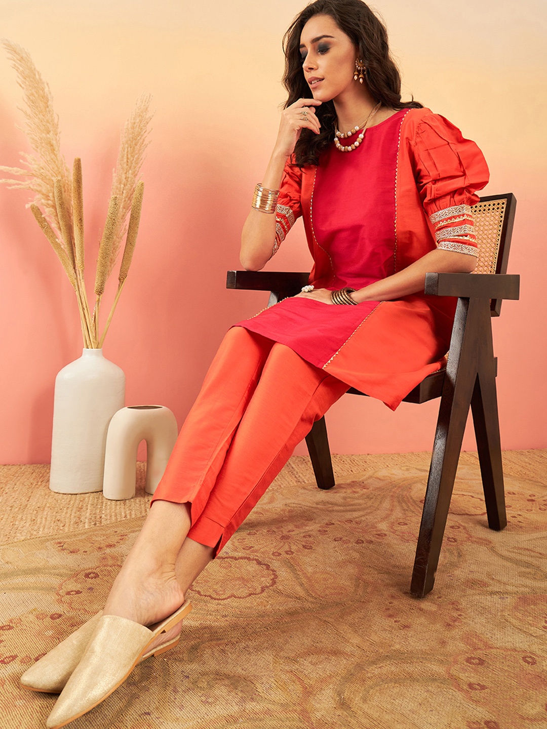 

Sangria Women Red Colourblocked Regular Gotta Patti Kurta with Trousers